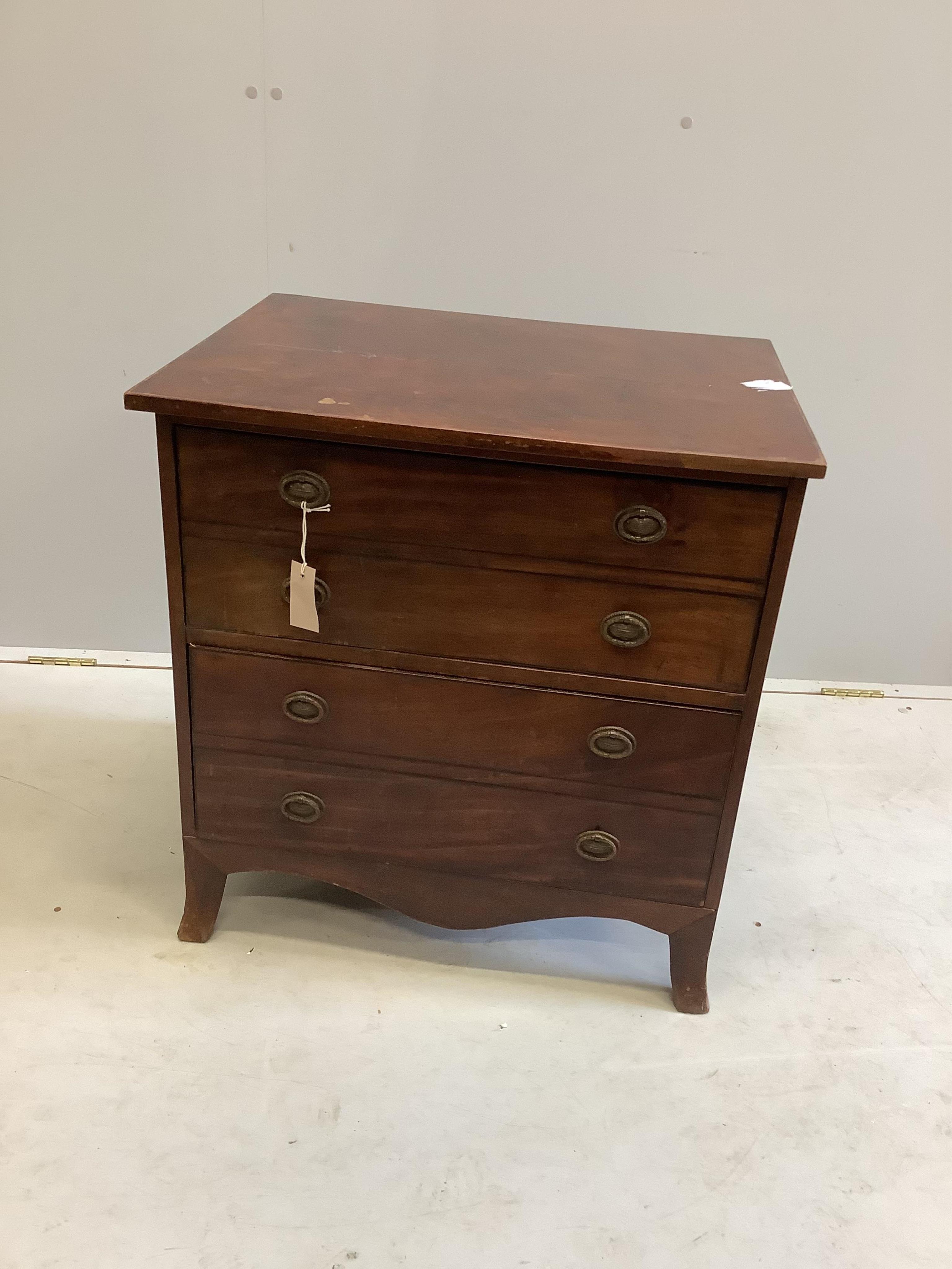 A small 19th century mahogany chest of two drawers, (adapted), width 63cm, depth 48cm, height 68cm. Condition - poor